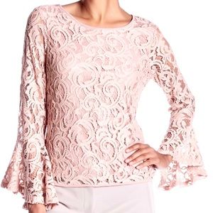 Adrianna Papell pink lace bell sleeve top…18 in bust..29 waist…EUC